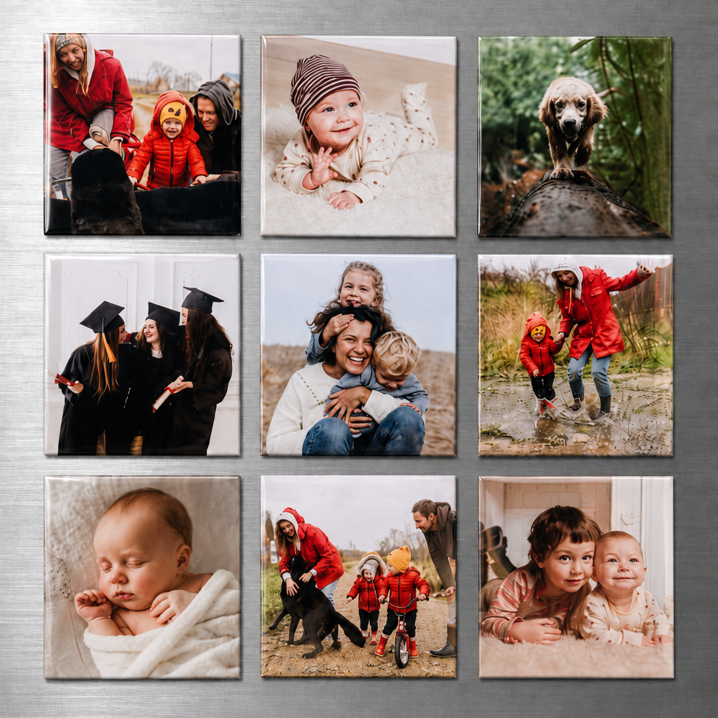 Collection of family photos displayed on a fridge