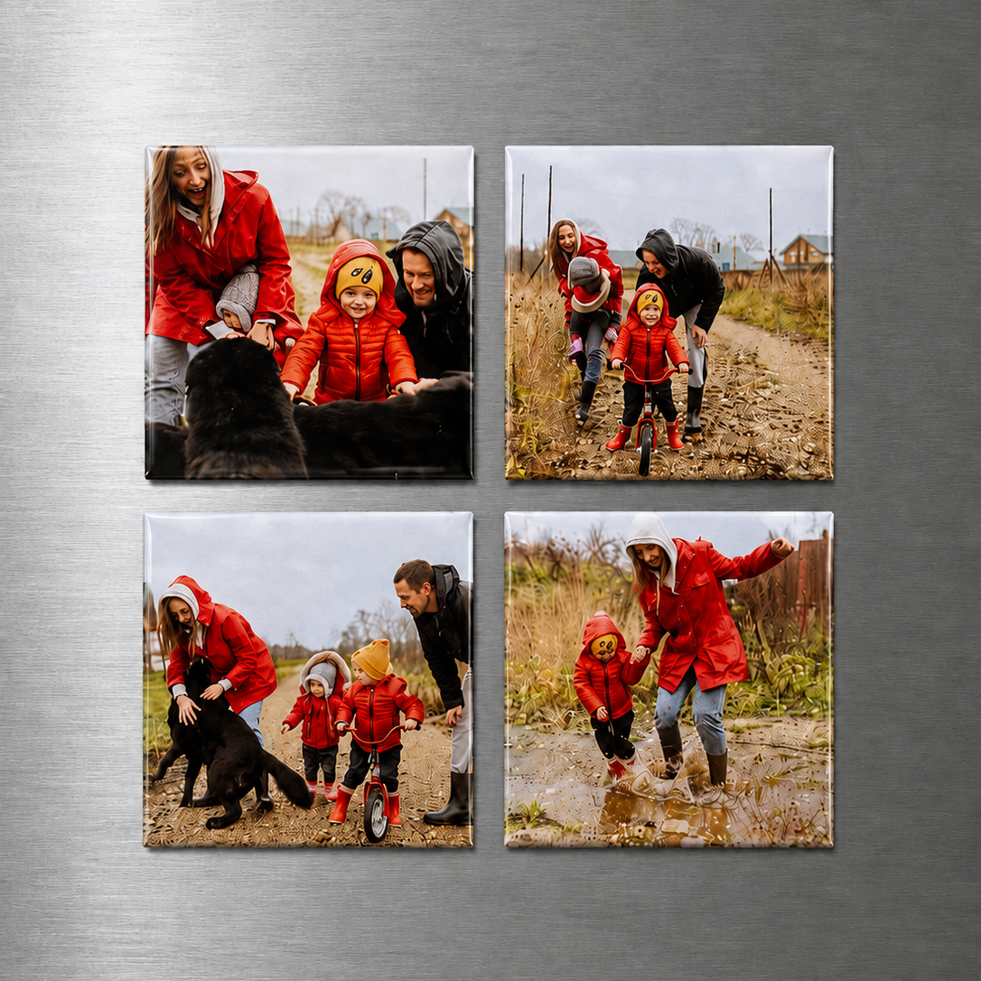 Set of four family photos on a silver fridge